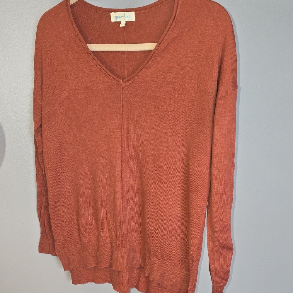 Grace & Lace V-Neck Everyday Sweater in Warm Rust